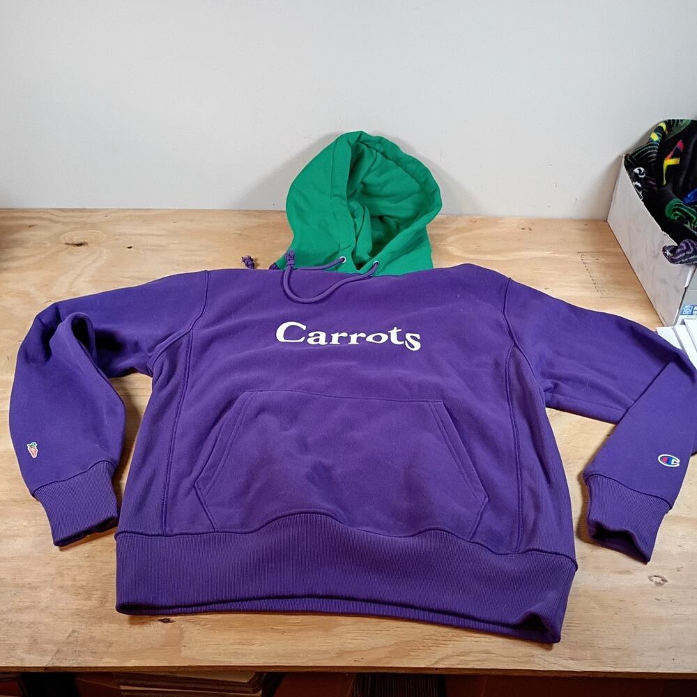 Champion x Carrots Reverse Weave Hoodie Men's Size Medium Purple Green Spellout